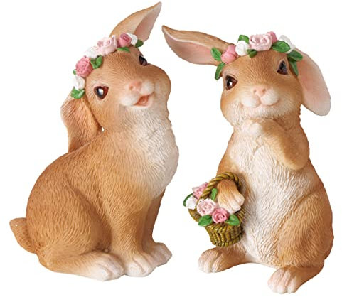 RiloStore 2 STK Osterhase Weiss rosa braun Gold n743 Hasen mit Röschen Shabby Chic Vintage 11cm Osterhasen Rosen Blumen Paar Häschen Hasenkinder Blumenkind