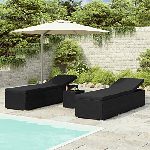 ZHOUMIN 3-TLG. Garten-Sonnenliegen mit Teetisch, Gartenliege, Strandliege, Relaxliege Garten, Saunaliege, Campingliege, Poolliege, Liege Garten, Poly Rattan Schwarz