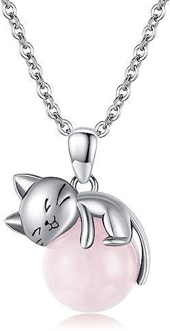 SLIACETE 925 Sterling Silber Rosenquarz und Katze Halskette für Frauen Mädchen Niedliche Kätzchen Katze Hält Kugelförmige Rosenquarz Anhänger Kette Katzenschmuck Geschenk für Katzenliebhaber