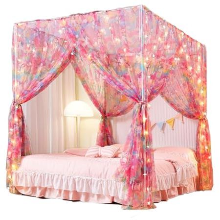 Mengersi Einhorn-Betthimmel für Mädchen, Bettvorhang mit Lichtern, Netz, Prinzessinnen-Himmel für Mädchenzimmer, für Queensize-Bett