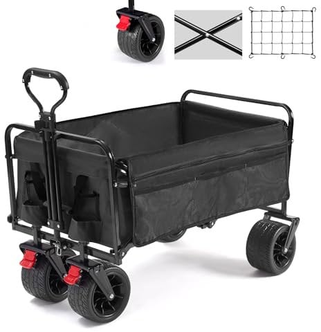 BedStory Bollerwagen Faltbar mit Bremsen | Transportwagen klappbar bis 80 kg Tragkraft | Camping Strand Offroad Bollerwagen Alle Gelände Breite Räder Teleskopstange, Schwarz