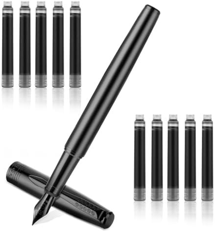cobee Black Metal Fountain Pen, Fine Nib Fountain Pen with 10 2.6mm Black Ink Cartridges Luxury Fountain Pens 0.5mm Smooth Writing Pen Gift for Calligraphy Office Business Supplies