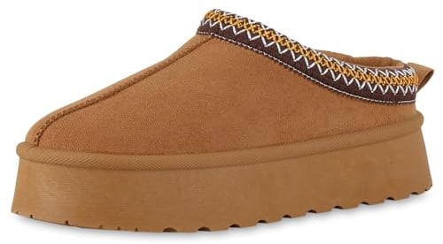 VAN HILL Damen Hausschuhe Pantoffeln Warm Gefüttert mit Plateau Prints Profilsohle