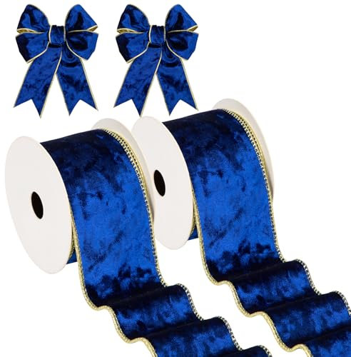 Hollyone 2PCS Blau Samtband 6.3cm x 10yds, Vintage Weihnachtsband für Geschenkverpackungen, breites Geschenkband für Weihnachtsdekoration, Kranzschleifen Dekoration Handwerk Hochzeit Geburtstag