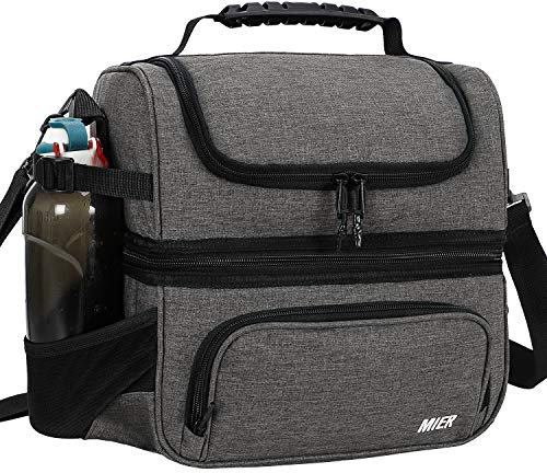 MIER Lunch Bag Men Double Deck Lunch Box Bag,Insulated Leakproof Cooler Bag Adult with Multiple Pockets for Work (Grey, 15L)