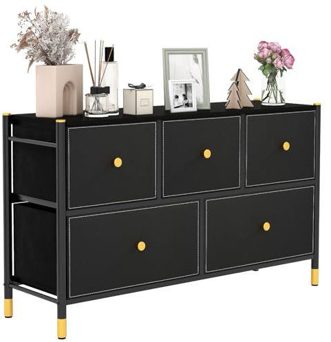 HOMASIS Kommode für Schlafzimmer mit 5 faltbaren Schubladen, aus Stoff, Kommode, Schlafzimmer, platzsparende Kommode für Badezimmer, Eingang, Flur, Schwarz und Gold
