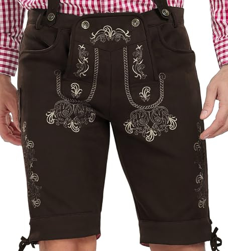 Lederhose Herren Tracht Kurz Trachtenhose Trachtenlederhosen Lederhose Oktoberfest Mann Dunkelbraun bayrische Trachten Hose Trachtenmode Hosenträger mit Kunst-Wildleder 48