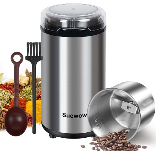 Suewow Elektrische Kaffeemühle - Leistungsstarker 200W Motor, abnehmbare Bohnen- und Gewürzmühle für Kaffeebohnen, Gewürze, Erdnüsse, Körner - Großes Fassungsvermögen Mehrzweckmahlwerk (Silber)