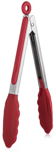 U-Taste 23cm Küchenzange aus Silikon: 250℃ hitzebeständige Kochzange mit fest versiegelten Antihaft-Gummispitzen & silikonbeschichtetem Stahlgriff & glatter Verriegelung zum Servieren (Rot)
