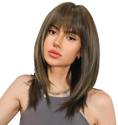 PORSMEER Mittelbraun Bob Perücken mit Pony für Frauen, Mittellang Natürliche Kunsthaar für für den täglichen,40cm