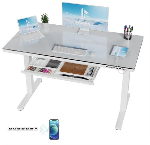 Homall Glas Höhenverstellbarer Schreibtisch, 120 x 60 cm Elektrischer Höhenverstellbarer Schreibtisch mit Schublade, Sitz- und Steh-Schreibtisch für Home Office, weiß
