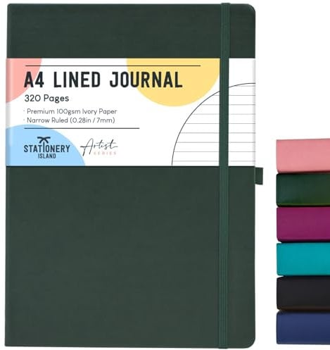 STATIONERY ISLAND A4 liniertes Notizbuch, 320 Seiten dickes liniertes Tagebuch, Hardcover mit 100 g/m² zum Schreiben, Arbeiten, Lernen, Tagebuch, Tanne