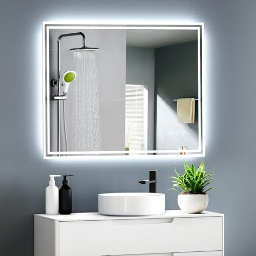 GIMBELEN Badspiegel mit Beleuchtung 80x60, Badezimmer Spiegel mit Beleuchtung Steckdose, 3 Lichtfarbe, Beschlagfrei, Dimmbar, Led Spiegel Bad mit Touch-Schalter
