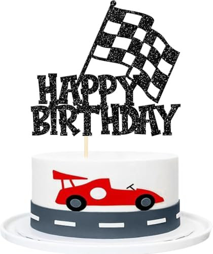 1 Stück Renn Auto Tortendeko Schwarz Glitzer Rennwagen Karierter Flagge Kuchen Deko Happy Birthday Cake Topper für Racing Thema Baby Dusche Kinder Jungen Mädchen Geburtstag Party Kuchen Dekorationen