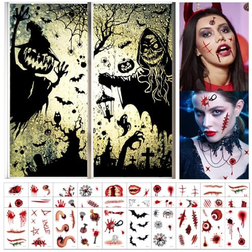 DKDDSSS 30Pcs Tatouage Halloween, 2Pcs Fenêtre Autocollants, Stickers pour Décoration Halloween