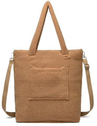 JANSBEN Teddyfleece Handtasche Damen Plüsch Schultertasche Flauschig Umhängetasche Winter Shopper Tasche Groß mit Gurt Weich Süß für Arbeit Reisen Einkaufen Geschenk