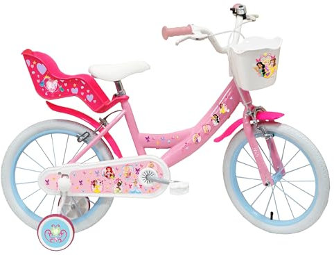 Kinderfahrrad für Mädchen, 40,6 cm (16 Zoll), Disney-Prinzessin, ausgestattet mit 2 Bremsen, Korb vorne, Puppenträger hinten, Schutzbleche und Stabilisatoren, Rosa