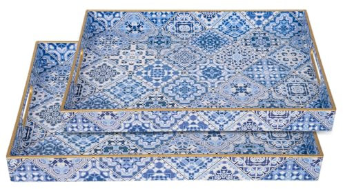 Polegas 2 Pcs Serving Tray, Large Plastic Tray with Handles, Reusable Rectangular Trays for Food Serving, Decorative Tray for Eating, Breakfast, Tea, Coffee (Large + Small)