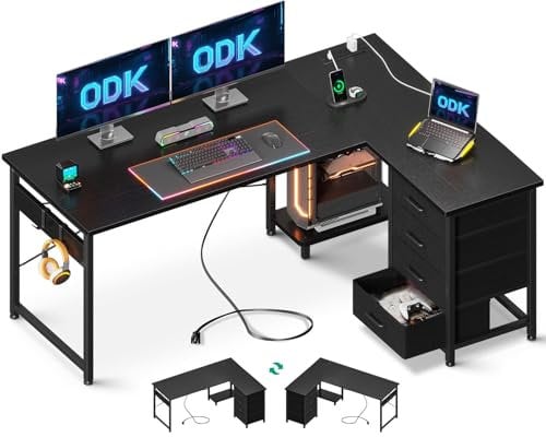 ODK Corner Desk with Drawers, Reversible L Shaped Computer Desk with Power Outlet, Office Desks with USB Charging Port and Host Stand for Home Office Black, 135×100cm