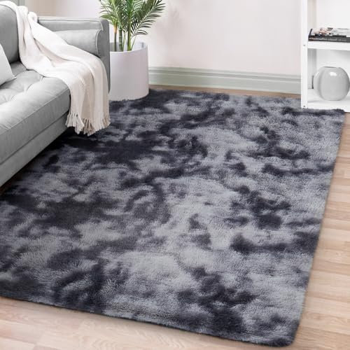FVVRAX Bereich Teppiche für Schlafzimmer Wohnzimmer, Tie-Dyed dunkelgrau flauschig Fuzzy Shag Shaggy Teppich weichen Plüsch Teppich, 140x200 cm Indoor-Boden Teppich für Kinder Home Decor Ästhetik