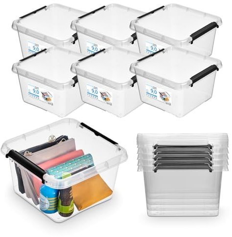 Pullmer Aufbewahrungsbox mit Deckel, Aufbewahrungsbehälter, Stapelboxen, Kisten, Kunststoffbox 6-er Set, Boxen 9L, 29x29x16,5 cm