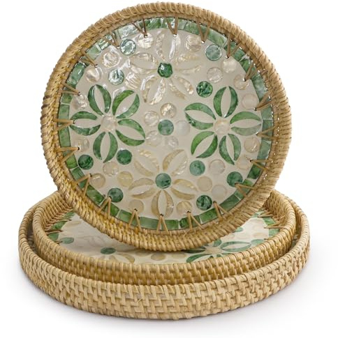 XINGYATU Round Rattan Tray, Mother of Pearl Inlay Wicker Trays | 22/24/28 cm Sizes, Handwoven Natural Fibre, Stable Non-Slip Base, Star Fruit Pattern, Serving Fruit Bread and Cake