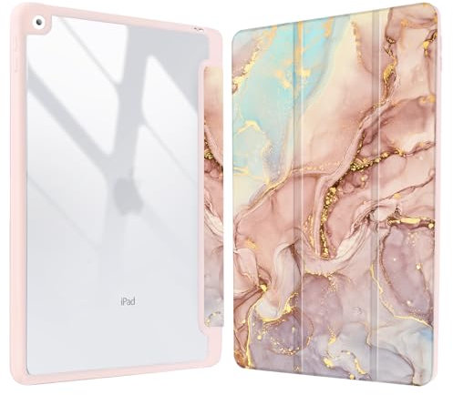 Vozehui 10.2 inch Pink Marble Case for iPad 9th/8th/7th Generation Case with Clear Back Shell w/Pencil Holder,Tri-fold Stand Protective Cover w/Auto Sleep Wake for 10.2 inch 2021/2020/2019