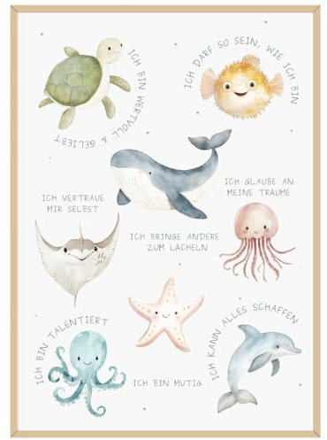 Affirmationsposter für Kinder DIN A3 | Poster positive Glaubensansätze Kinderzimmer | Poster mit Affirmation als Geschenk zur Geburt, Taufe, Kindergeburtstag (Meerestiere & Ozean, DIN A3, Ungerahmt)