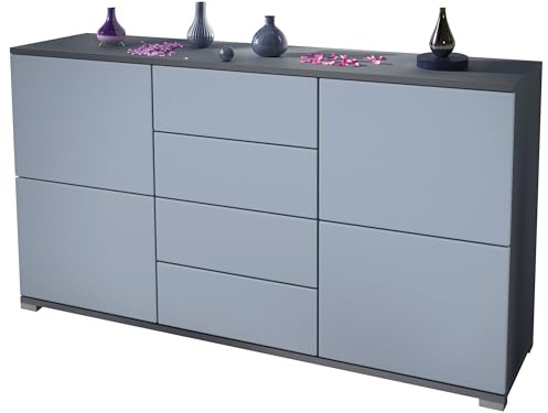 Vladon Sideboard Rova V1, Kommode mit 4 Türen und 4 Schubladen, Anthrazit matt/Denim matt (138,5 x 75,5 x 35)