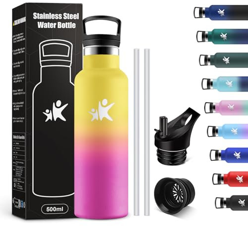 KollyKolla Thermosflasche 500ml, Trinkflasche Kohlensäure Geeignet, Auslaufsicher Wasserflasche mit Strohhalm, BPA-Frei, Isolierflasche Doppelwandig, Wasserflasche für Schule, Camping, Reisen