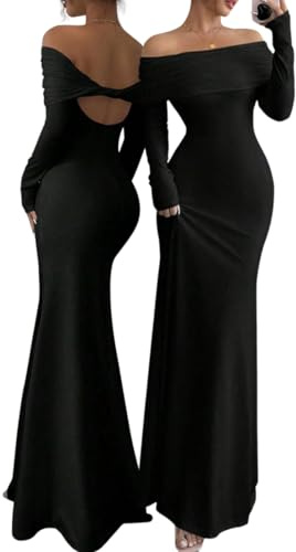 AOWVUTS Womens Maxi Dress Sexy Off the Shoulder Long Sleeve Long Dress Elegant Backless Bodycon Ruched Formal Evening Party Dresses Night Out Wedding Cocktail Club Dresses