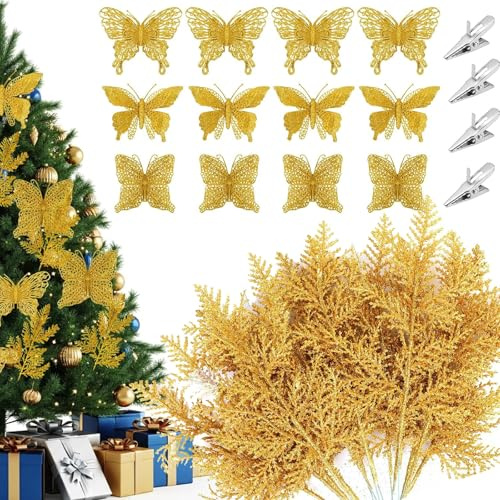 MWOOT 24 Stück Weihnachten Künstliche Kiefernblätter Schmetterling mit Clip, Glitzer Künstliche Tannennadeln 3D Schmetterling Weihnachtsschmuck Gold für Girlande Kranz Weihnachtsbaum Haus Dekoration