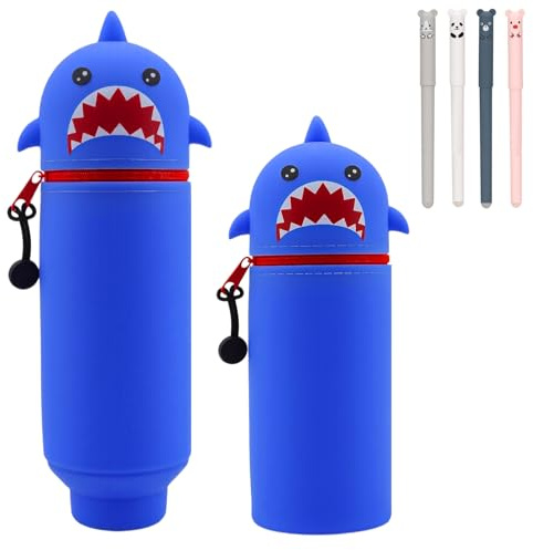 Yeria Blauer Hai Mäppchen 4 Kugelschreiber, Silikon Federmäppchen | 1 Blauer Hai Stiftetasche + 4 Kugelschreiber, 2-in-1 Silikon Federmäppchen, aufstellbar, weiches Silikon, Geschenk