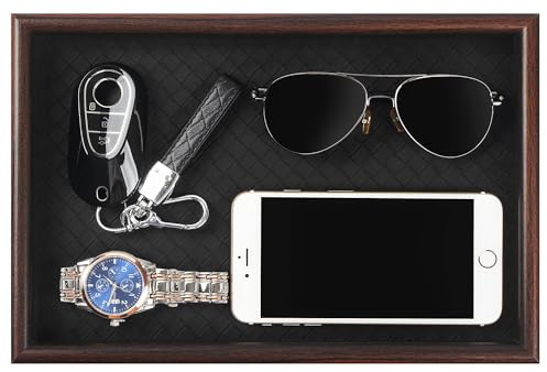 Zosenley Wooden Valet Tray with Leather Base - Nightstand Catchall Organizer for Cologne, Perfume, Keys, Wallet, Phone, Watch, Jewelry & Sunglasses (Black)