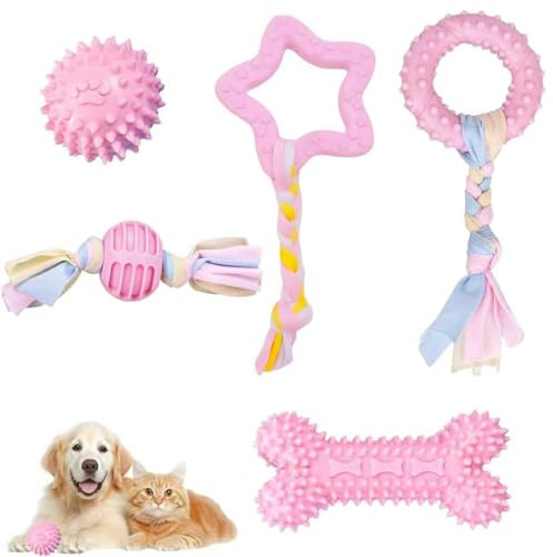 Ayucanpeng Set di 5 Giocattoli da Masticare per Cuccioli,Giocattolo da Dentizione Cuccioli,Giochi per Cani in Gomma Naturale e Corde di Cotone,per di Piccola e Media Taglia