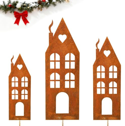 Winterdeko Draußen Deko Weihnachten Häuser Rost Outdoor, Gartenstecker Roststecker Weihnachtsdeko Draußen, Winter Deko Garten für Advent, Weihnachts Balkon Gartendeko