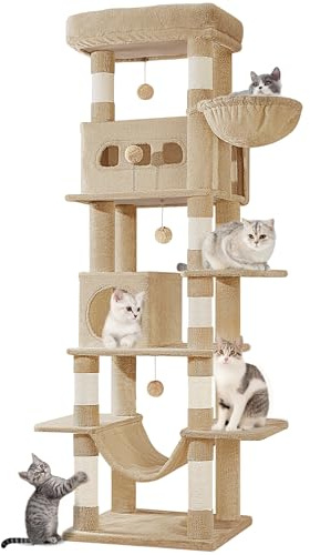 Hzuaneri Cat Tree for Indoor Cats, 170 cm Large Tall Cat Tower, Camel Brown | Multi-Level Cats House with Condo, 8 Scratching Posts, Hammock, 4 Pom Poms, MS17018LC