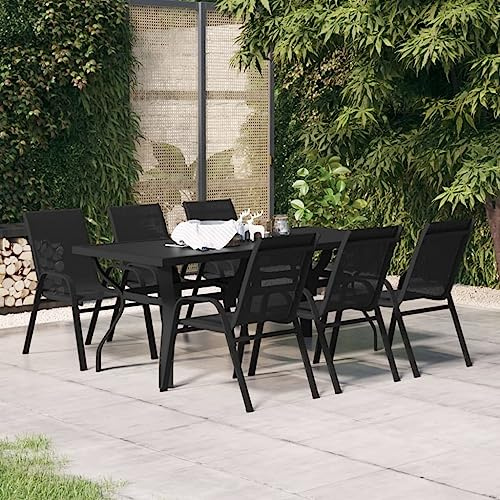 JHQHSM 7-TLG. Garten-Essgruppe Schwarz mit pulverbeschichteten Stahlrahmen und wasserabweisenden Textilene-Stühlen für Terrasse Balkon, Outdoor Tischgruppe mit stapelbaren Stühlen