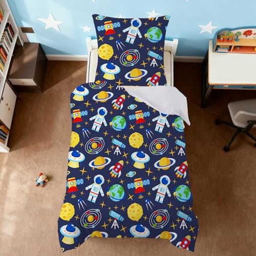 Snugoria Kinderbettwäsche 135x200 für Kinder Jungen, Bettwäsche mit Blau Astronaut und Rakete Muster, 2-teiliges Mikrofaser Bettbezug und 1 Kissenbezug 80x80 für Kinder Geschenk