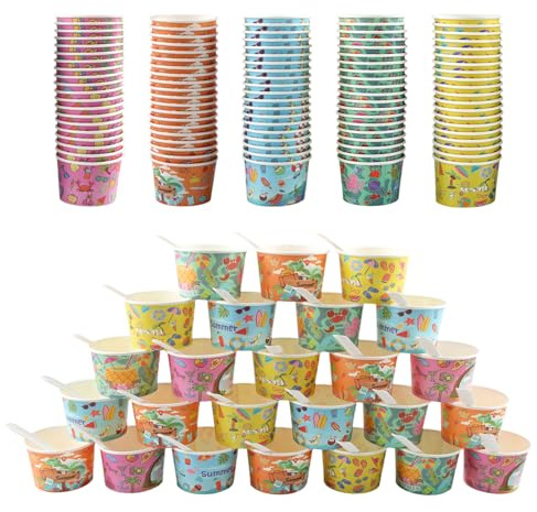 dellyy 100 Stück Papier Eisbecher 165 ml mit Löffel, 10 Muster Pappbecher Einweg Dessertbecher für Eis, Frozen Joghurt & Suppe, Auslaufsicher & Stabil, Pappgeschirr Set für Party