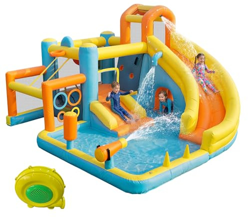 Outdoor Wasserpark mit Boxring und Trampolin, Hüpfburg mit Wasserrutsche und Gebläse, Planschbecken, Basketball, Ringwurfspiel, Kletterwand, Bouncy Castle 405x416 cm