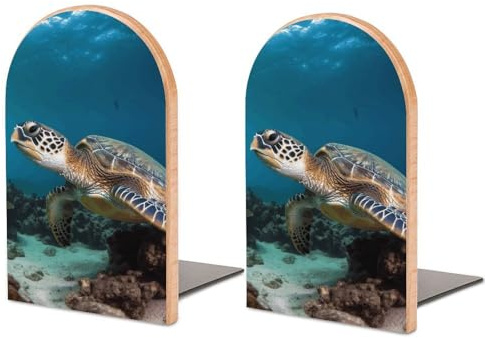 Fermalibri in legno di faggio con stampa di tartaruga marina, ideali per scaffali, casa, ufficio e per libri pesanti.
