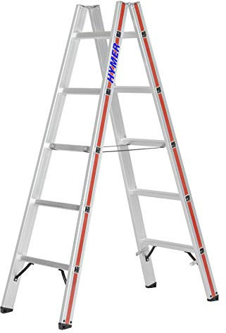 Hymer Sprossenstehleiter 2x5 Stufen (beidseitig begehbar, kippsichere Ausführung, Spreizsicherung) 602310