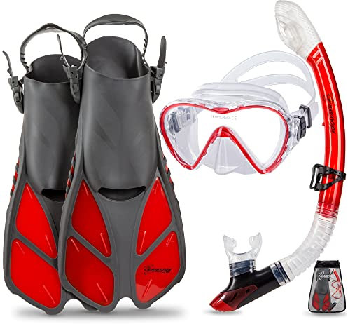 Seavenger Tauch-Schnorchel-Set, Dry Top, Schnorchel/Trek Flossen/Einzellinsenmaske/Ausrüstungstasche, Rot – Größe L/XL