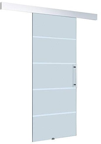 HOMCOM Puerta Corrediza de Vidrio Puerta Corredera Deslizante de Cristal Seguridad 102,5x205 cm Translucido Y A Rayas Transparentes