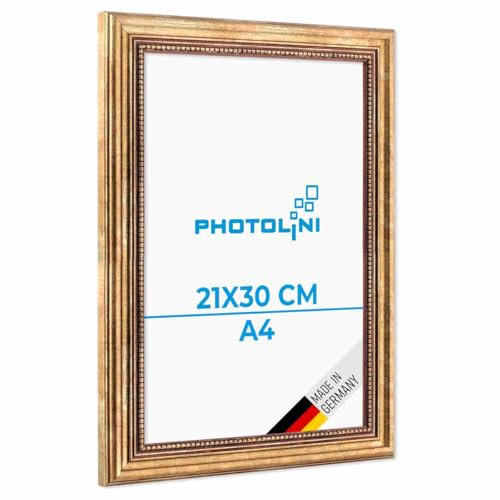 PHOTOLINI Barock-Bilderrahmen A4 21x30 cm in Gold antik, Holz-Rahmen Vintage, Made in Germany, Echtglas, zum Aufhängen, mit Zubehör - verleiht Deinen Fotos das besondere Etwas