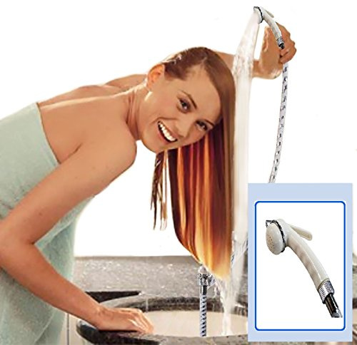 Vetrina del Benessere Shut off Doccetta Portatile per Lavandino con Pulsante Fermaflusso e Tubo da 100 cm., Doccia Lavatesta per Shampoo, Doccia per Campeggio Camper Giardino