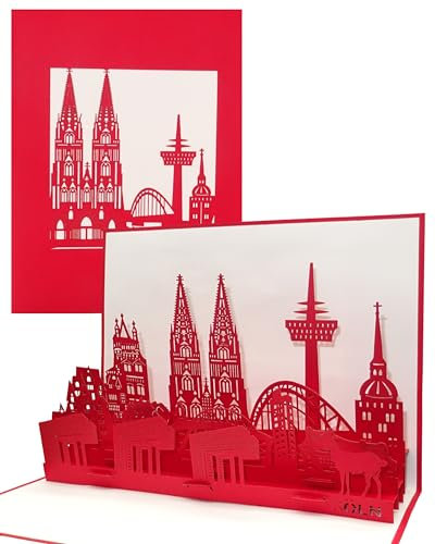 Pop Up Karte Kölner Skyline - Köln City Panorama – 3D Geburtstagskarte, Einladungskarte, Gutschein & Reisegutschein - Grußkarte als Köln Souvenir mit Kölner Dom