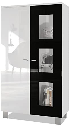 Vladon Vitrine Denjo, Made in Germany, Standvitrine mit 2 Türen und 3 Glaseinsätzen, Weiß matt/Schwarz Hochglanz (71 x 129 x 35 cm)