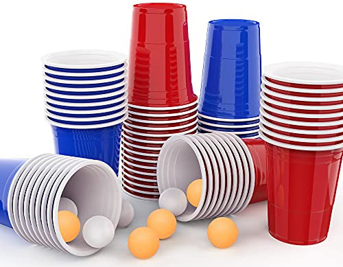 MOZOOSON Ensemble de Tasses, 100 Pièces Gobelet Réutilisable Rouges et Bleues 16oz 473ml - Idéal pour Jeu Américain de fête - avec 10 Balls de Ping-Pong